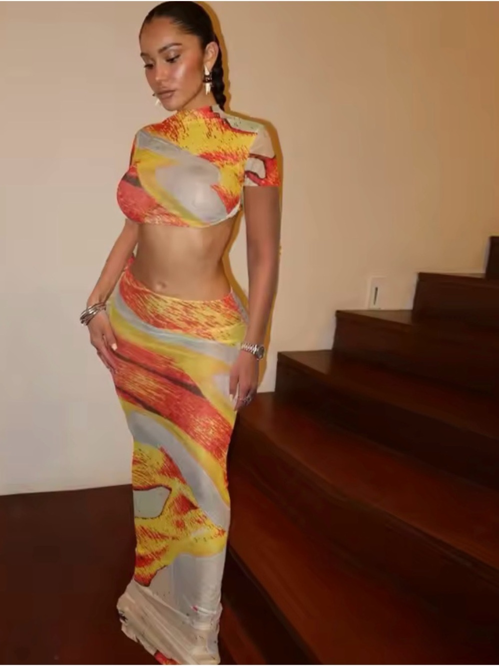 Two-Piece Abstract Sunset Print Maxi Set